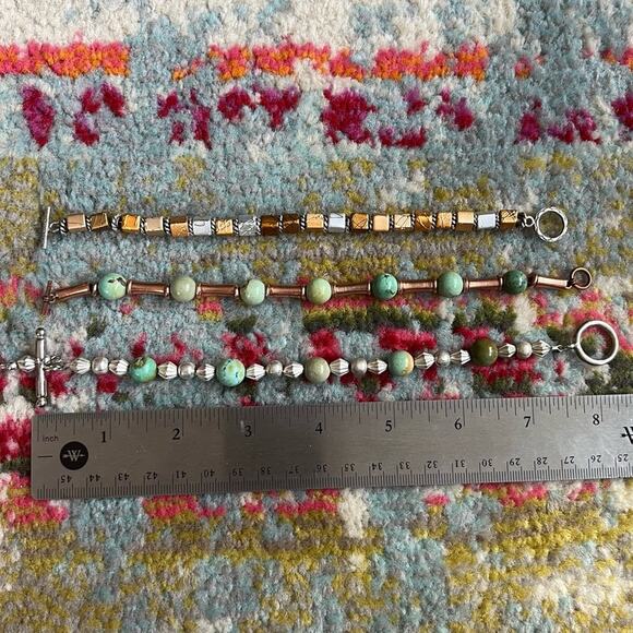 Copper + Turquoise + Silver 3 Bracelet Stack Set Mixed Metal - Picture 5 of 5